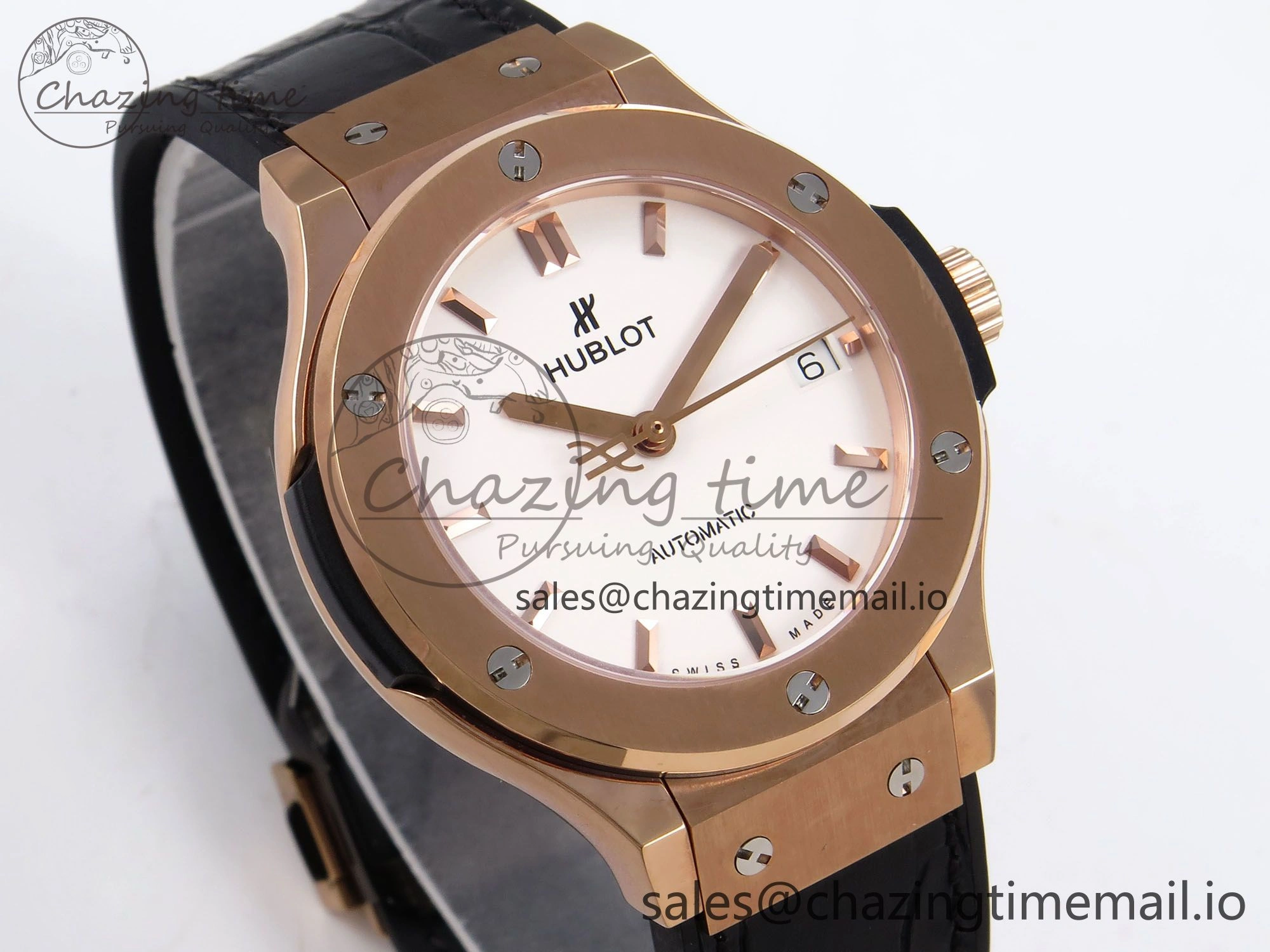 Classic Fusion 38mm RG JJF 1:1 Best Edition White Dial on Black Gummy Leather Strap