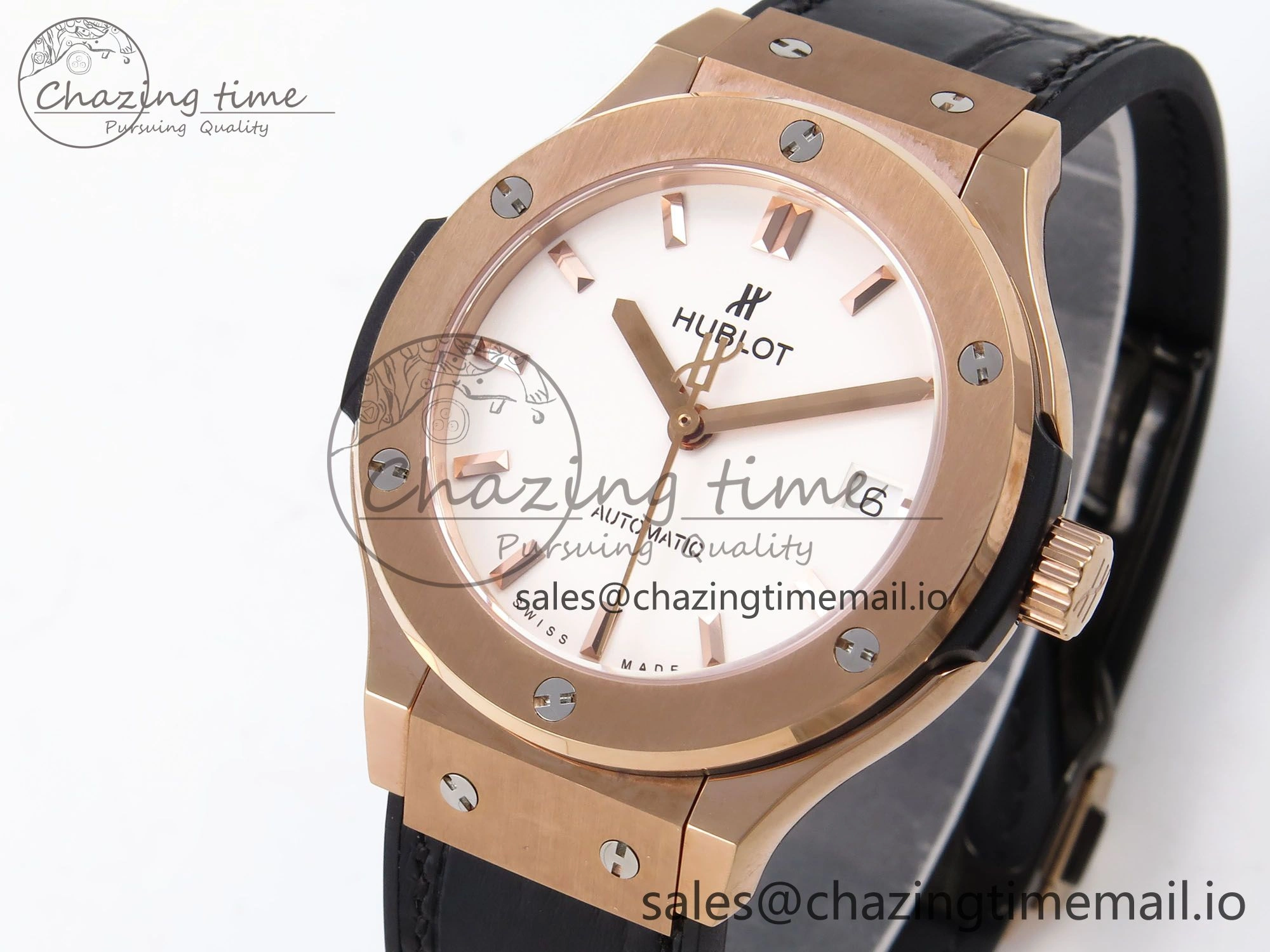 Classic Fusion 38mm RG JJF 1:1 Best Edition White Dial on Black Gummy Leather Strap