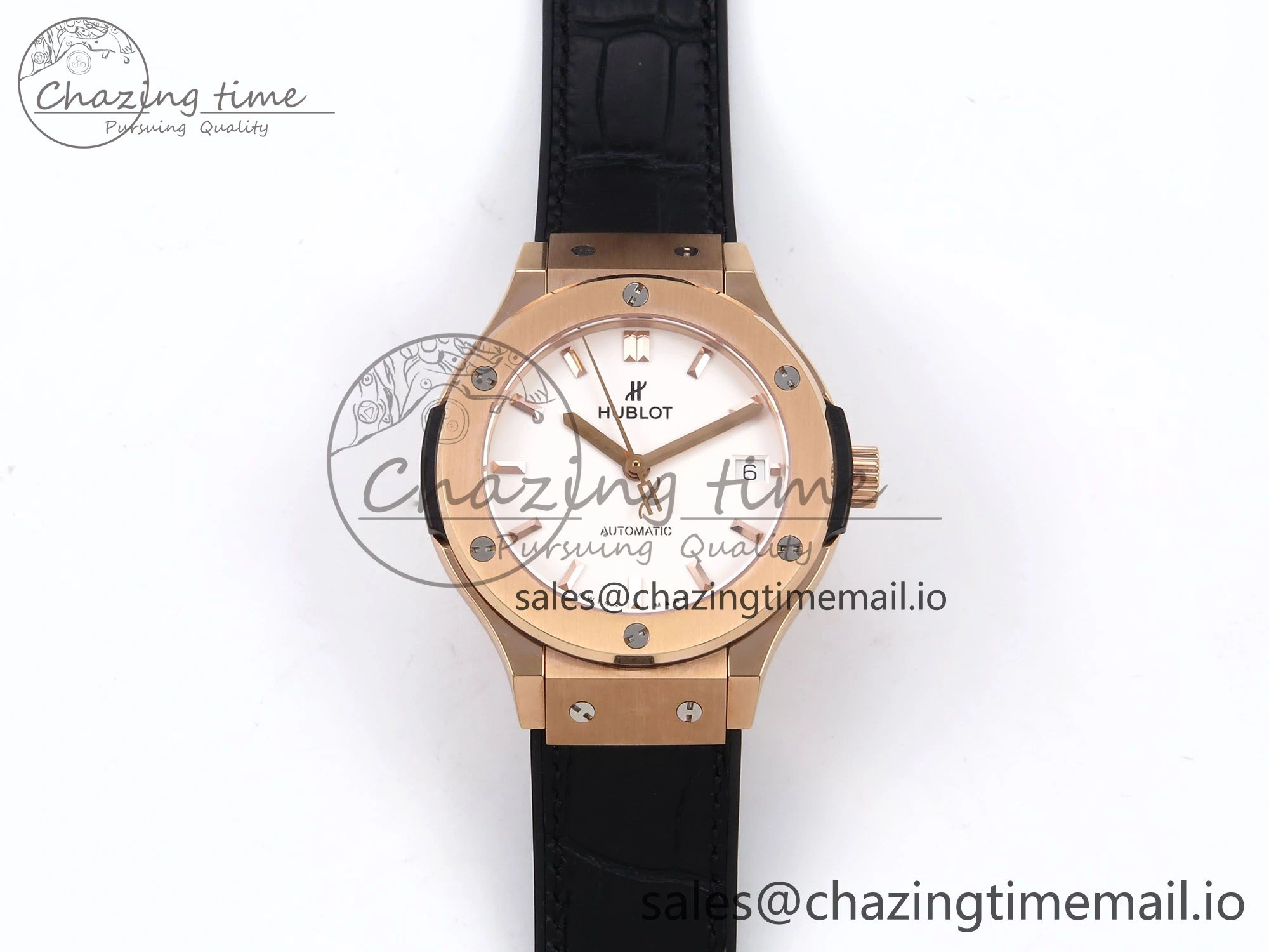 Classic Fusion 38mm RG JJF 1:1 Best Edition White Dial on Black Gummy Leather Strap