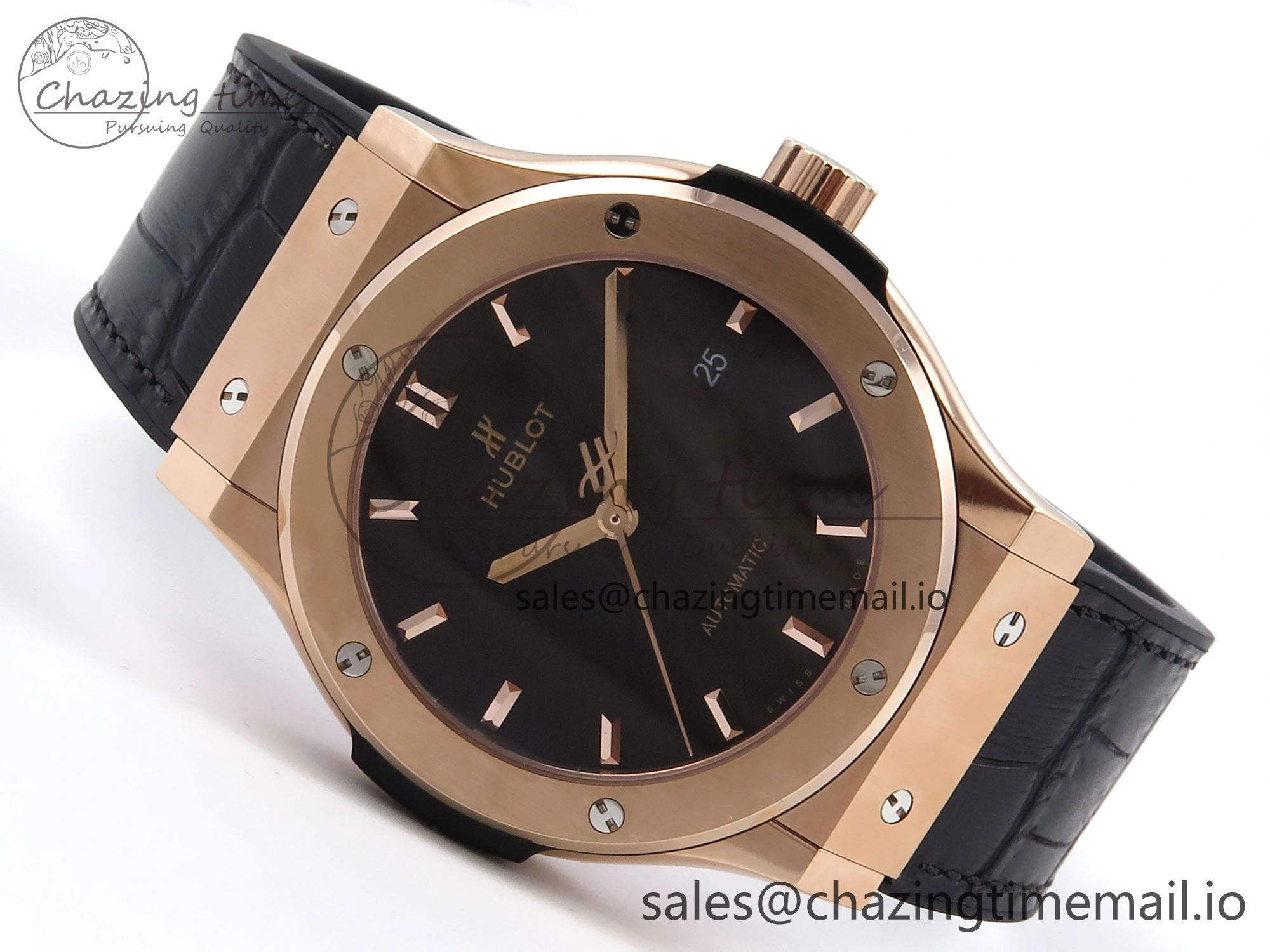 Classic Fusion 42mm RG JJF 1:1 Best Edition Black Dial on Black Gummy Leather Strap