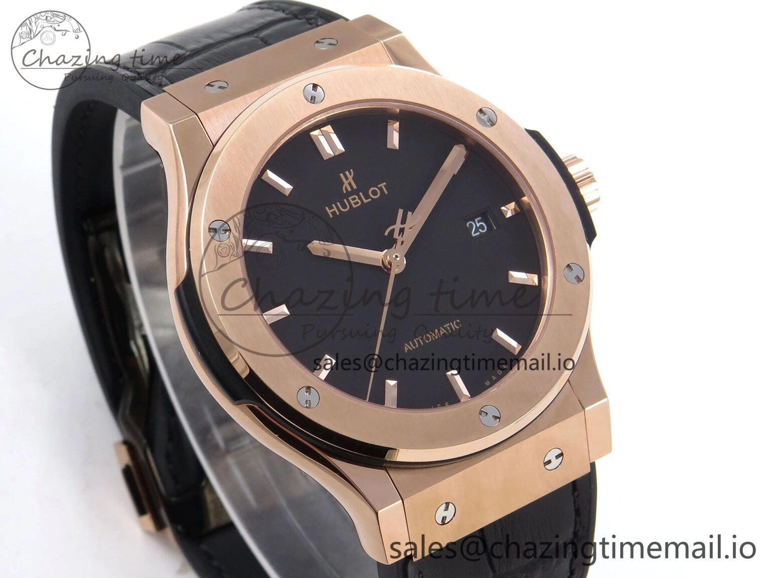 Classic Fusion 42mm RG JJF 1:1 Best Edition Black Dial on Black Gummy Leather Strap