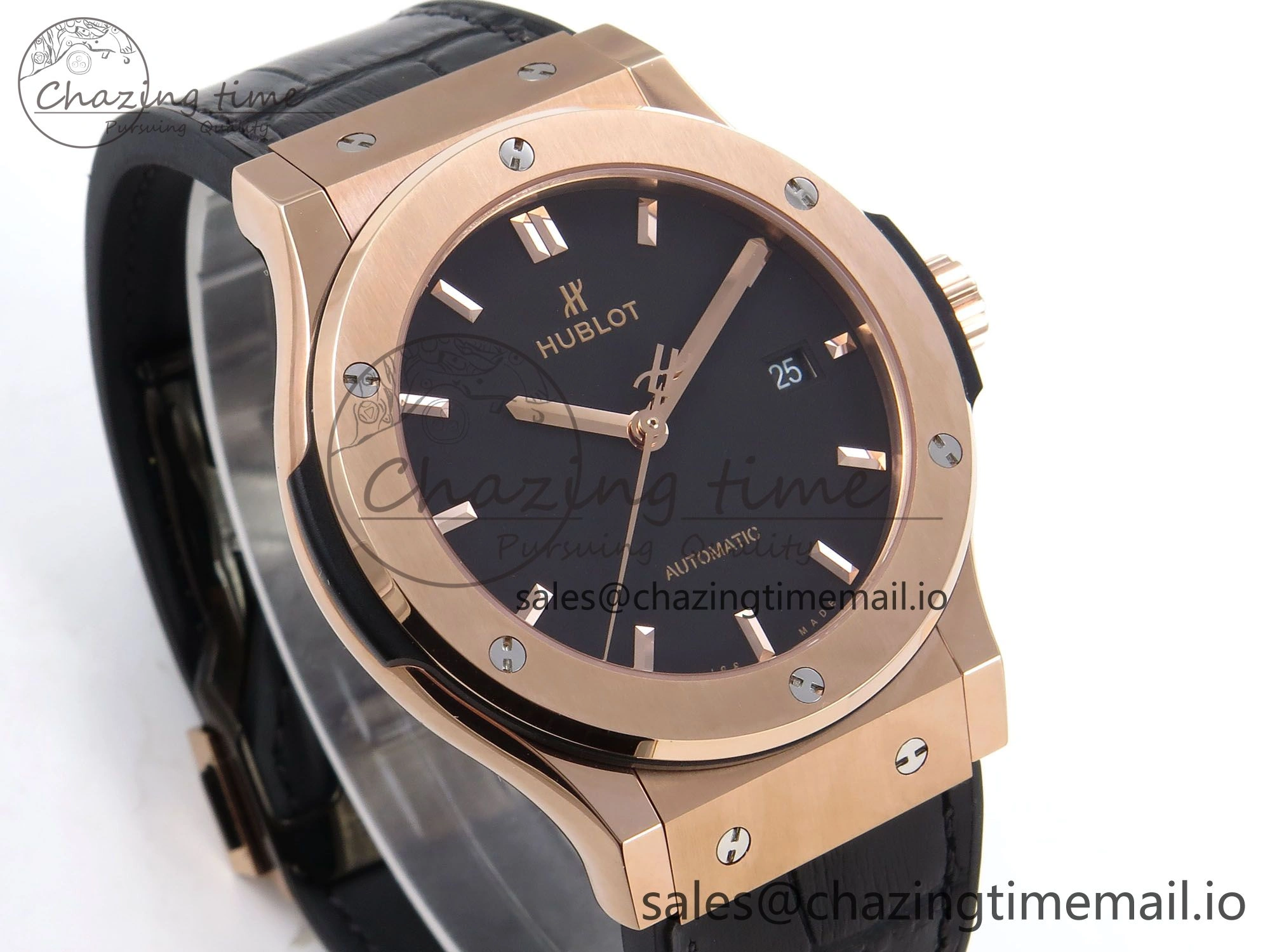 Classic Fusion 42mm RG JJF 1:1 Best Edition Black Dial on Black Gummy Leather Strap