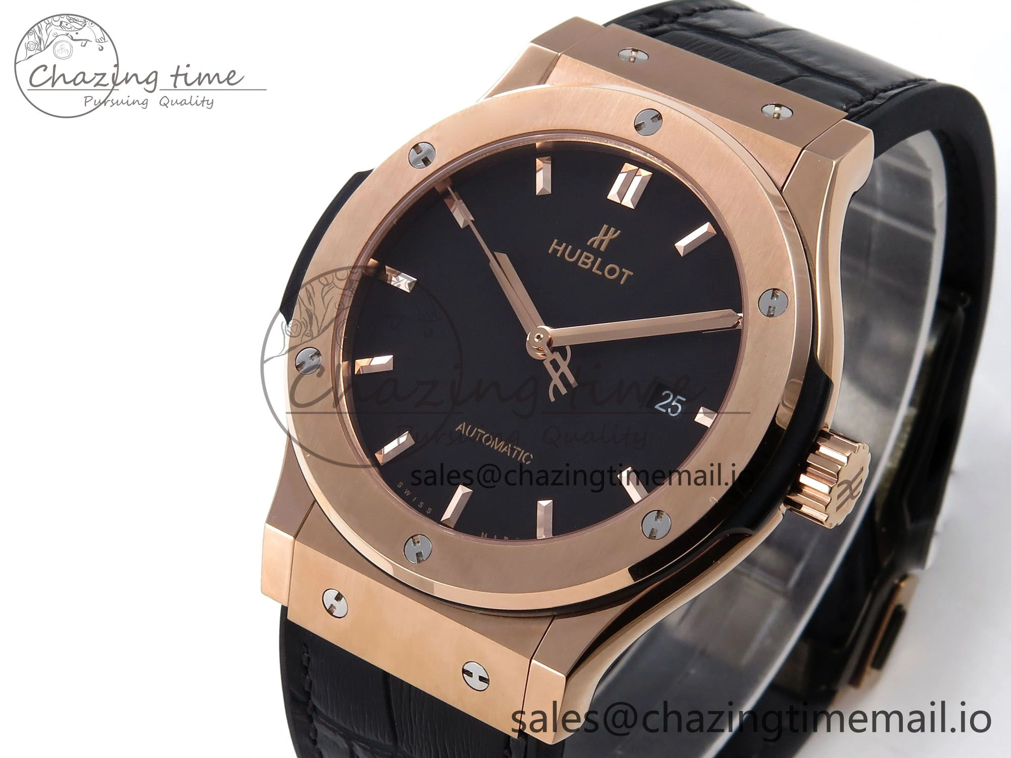 Classic Fusion 42mm RG JJF 1:1 Best Edition Black Dial on Black Gummy Leather Strap