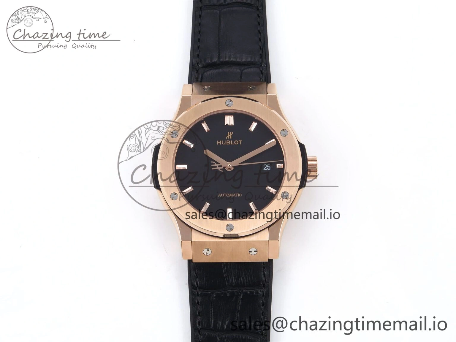 Classic Fusion 42mm RG JJF 1:1 Best Edition Black Dial on Black Gummy Leather Strap