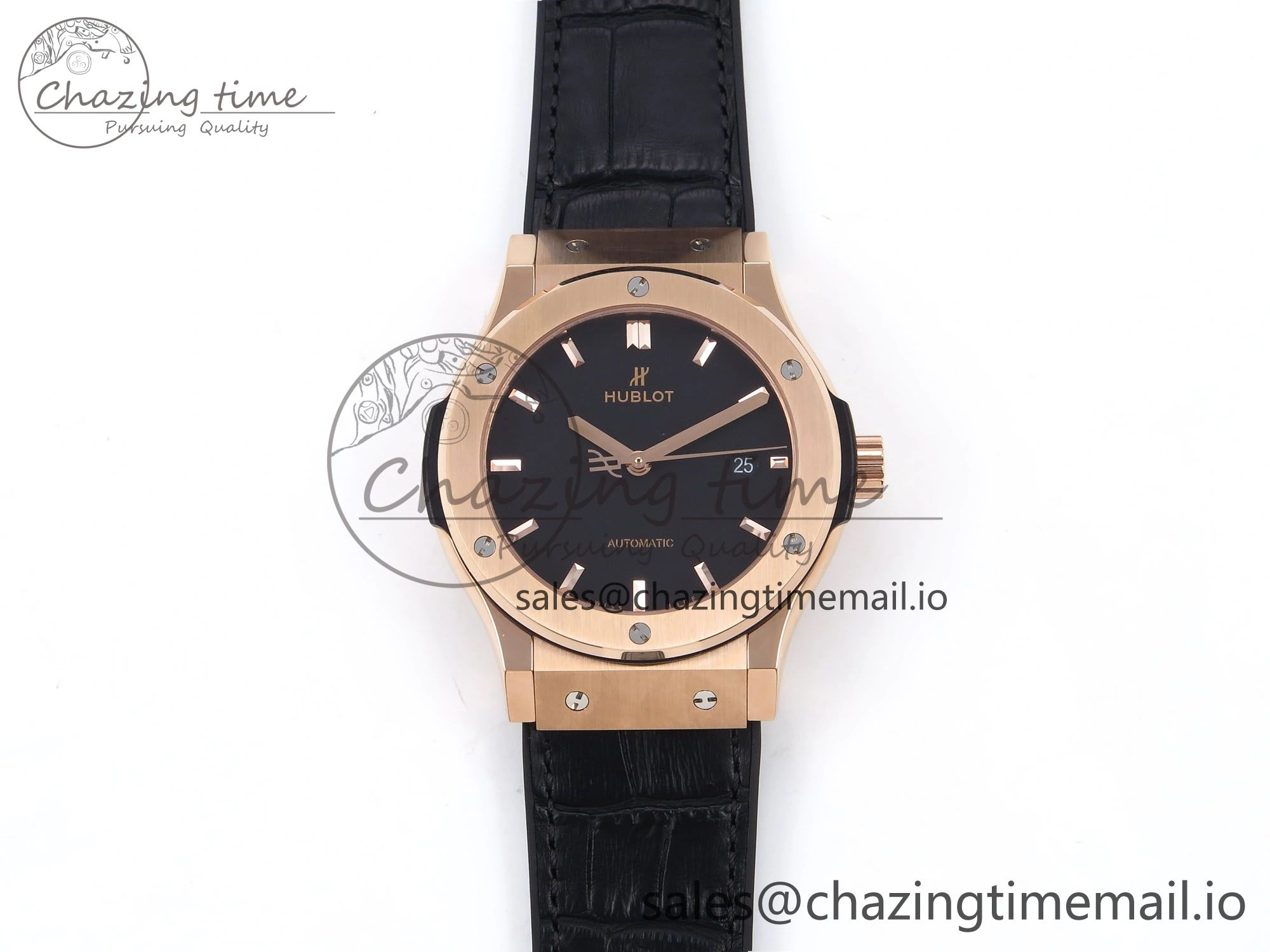 Classic Fusion 42mm RG JJF 1:1 Best Edition Black Dial on Black Gummy Leather Strap