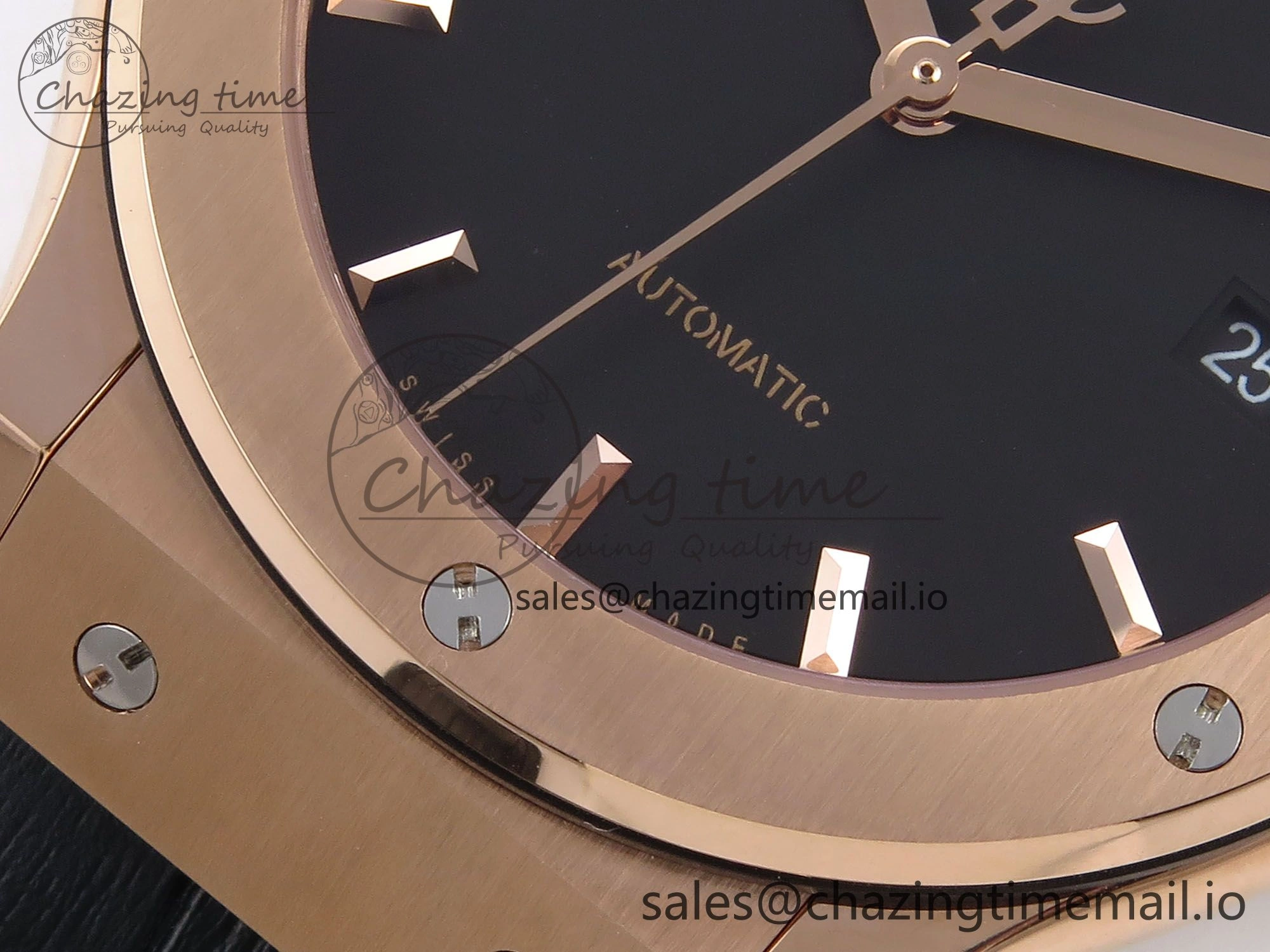 Classic Fusion 42mm RG JJF 1:1 Best Edition Black Dial on Black Gummy Leather Strap