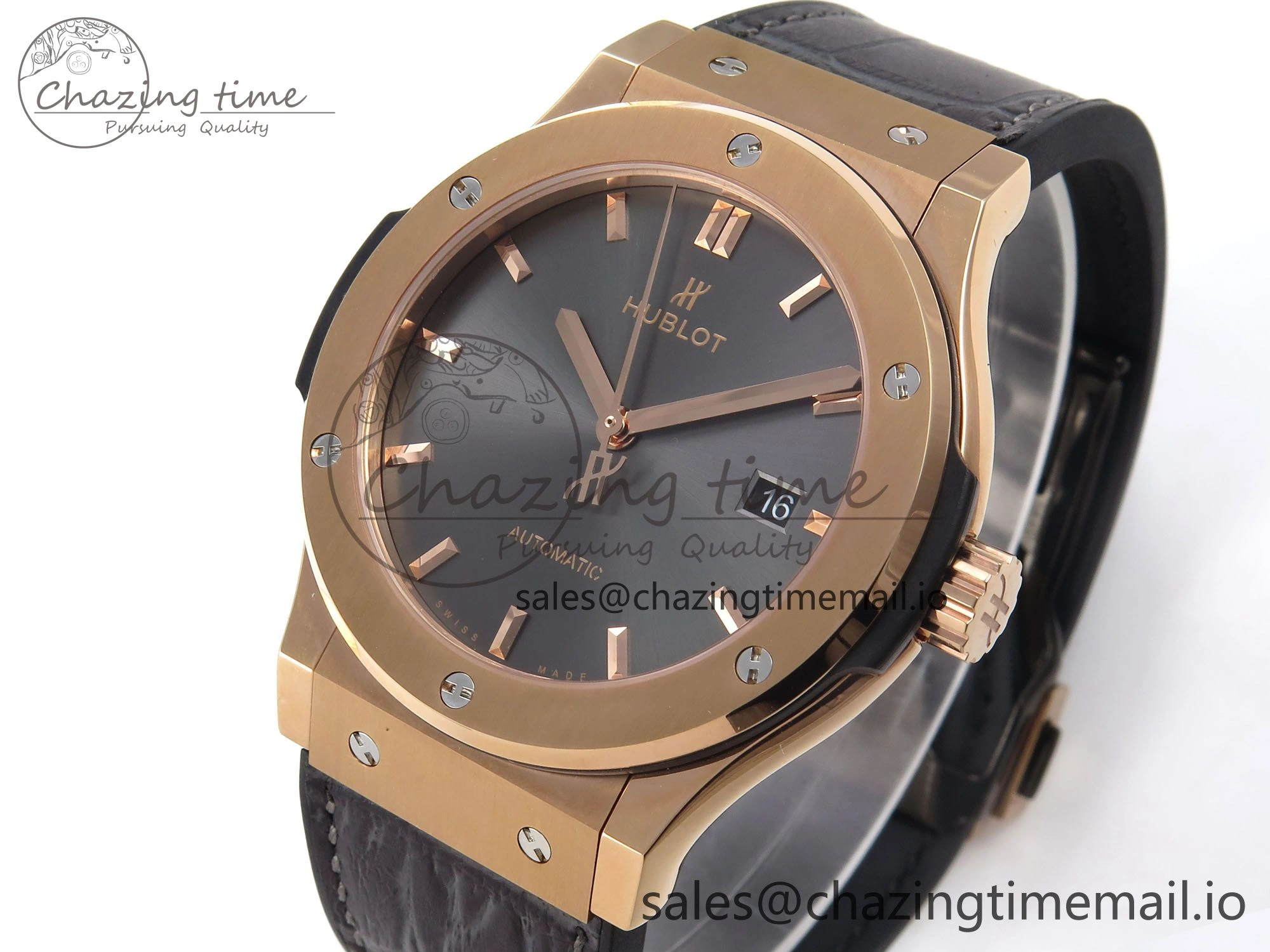 Classic Fusion 42mm RG JJF 1:1 Best Edition Gray Dial on Black Gummy Leather Strap