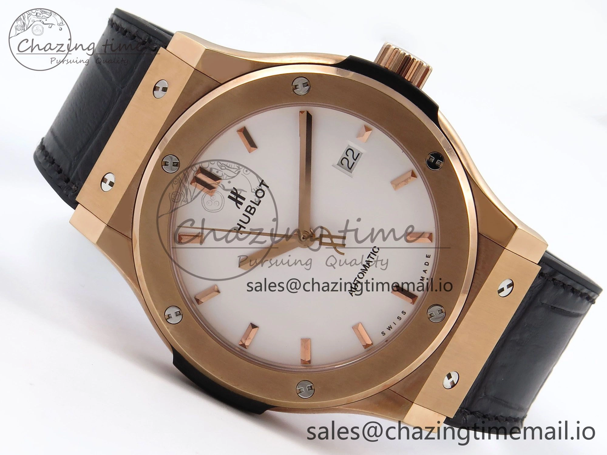 Classic Fusion 42mm RG JJF 1:1 Best Edition White Dial on Black Gummy Leather Strap