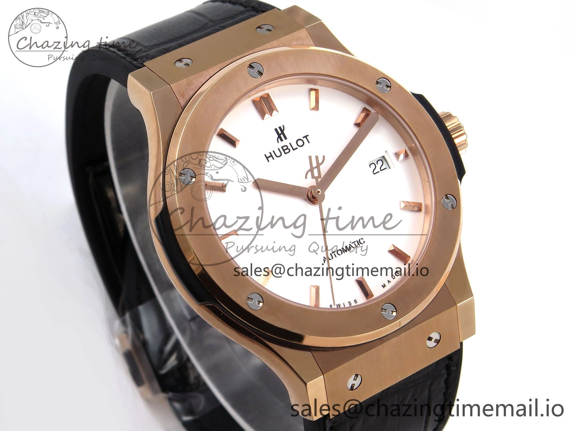 Classic Fusion 42mm RG JJF 1:1 Best Edition White Dial on Black Gummy Leather Strap