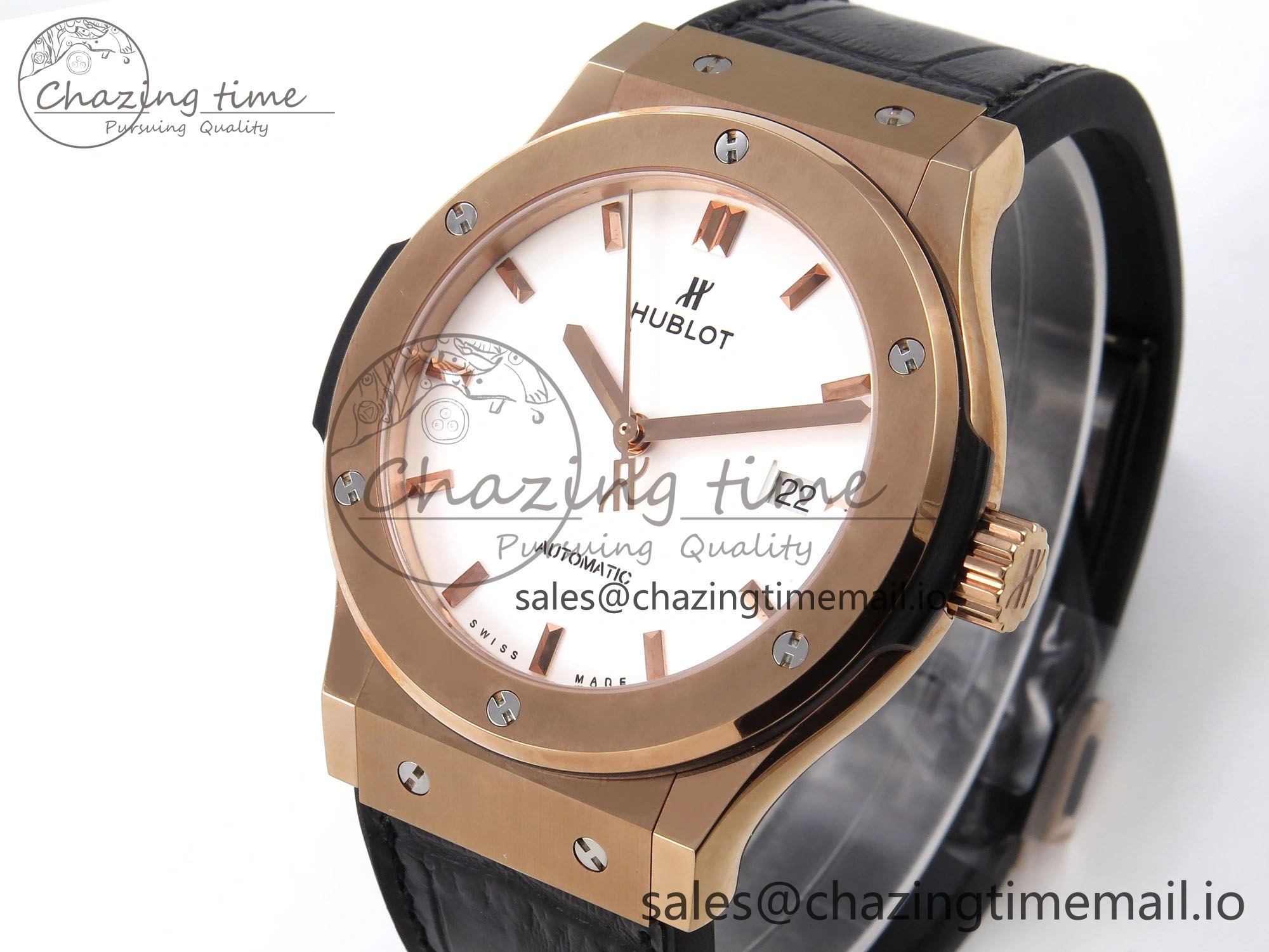 Classic Fusion 42mm RG JJF 1:1 Best Edition White Dial on Black Gummy Leather Strap