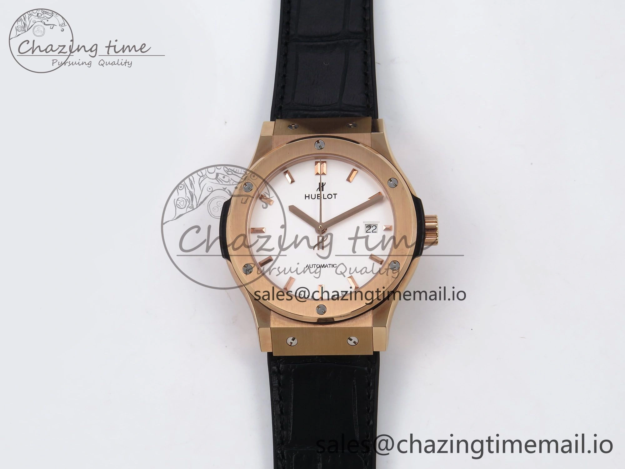 Classic Fusion 42mm RG JJF 1:1 Best Edition White Dial on Black Gummy Leather Strap