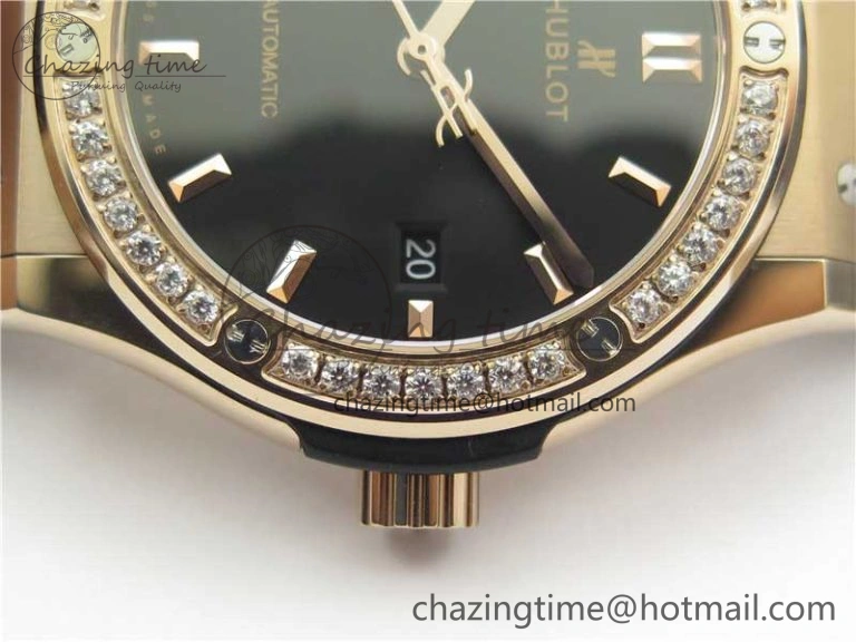 Classic Fusion 42mm RG Paved Diamonds Bezel B50F Black Dial On Gummy Strap A2892