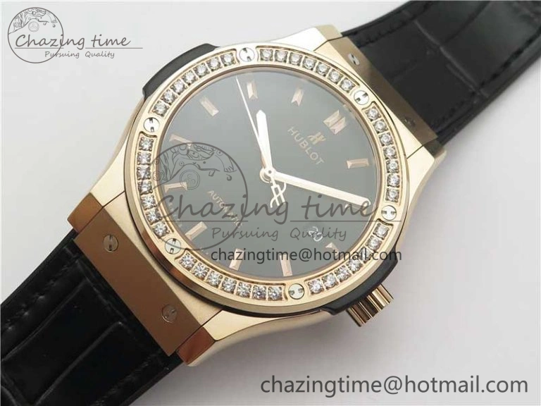 Classic Fusion 42mm RG Paved Diamonds Bezel B50F Black Dial On Gummy Strap A2892