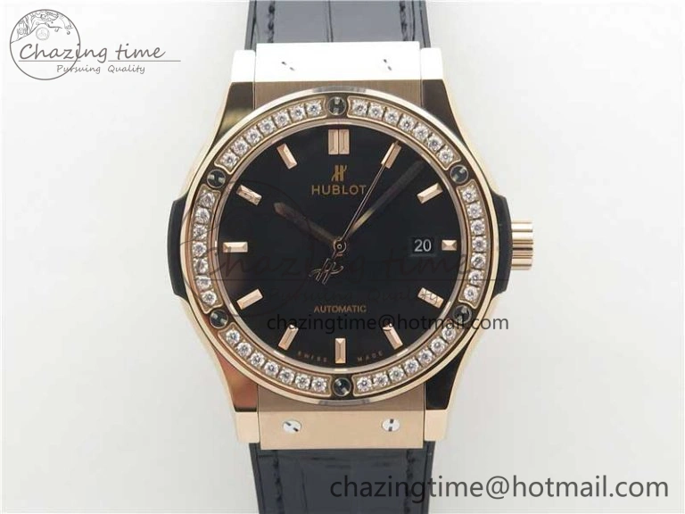 Classic Fusion 42mm RG Paved Diamonds Bezel B50F Black Dial On Gummy Strap A2892