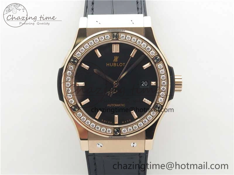 Classic Fusion 42mm RG Paved Diamonds Bezel B50F Black Dial On Gummy Strap A2892