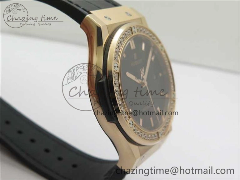 Classic Fusion 42mm RG Paved Diamonds Bezel B50F Black Dial On Gummy Strap A2892