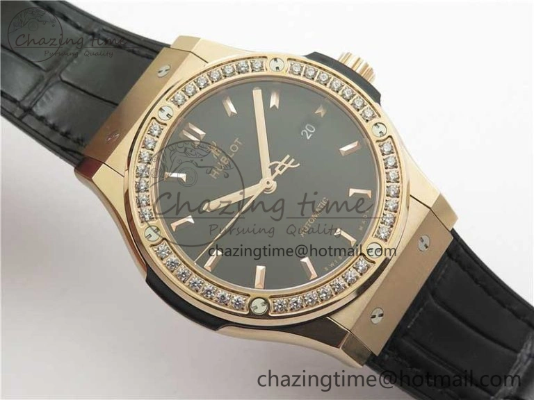 Classic Fusion 42mm RG Paved Diamonds Bezel B50F Black Dial On Gummy Strap A2892