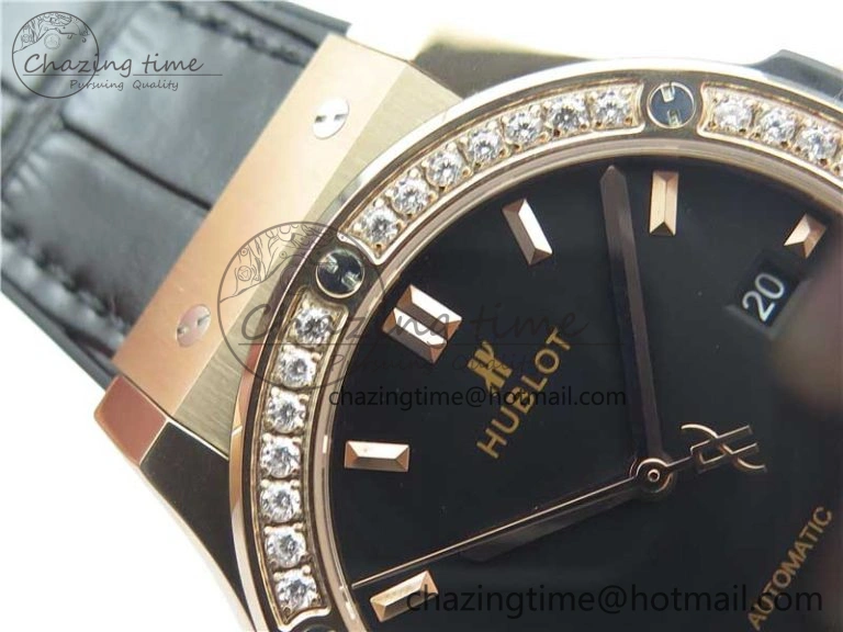 Classic Fusion 42mm RG Paved Diamonds Bezel B50F Black Dial On Gummy Strap A2892