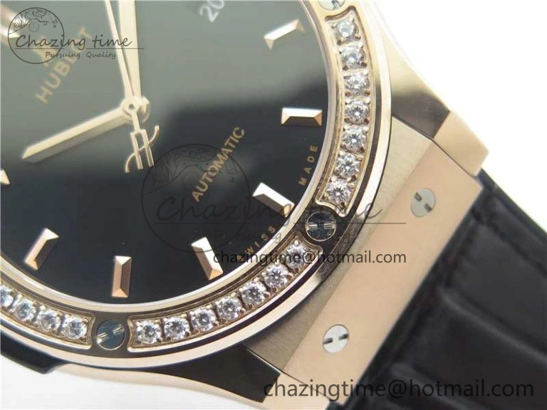 Classic Fusion 42mm RG Paved Diamonds Bezel B50F Black Dial On Gummy Strap A2892