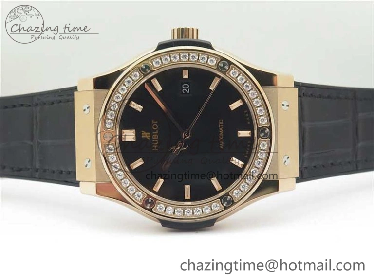 Classic Fusion 42mm RG Paved Diamonds Bezel B50F Black Dial On Gummy Strap A2892