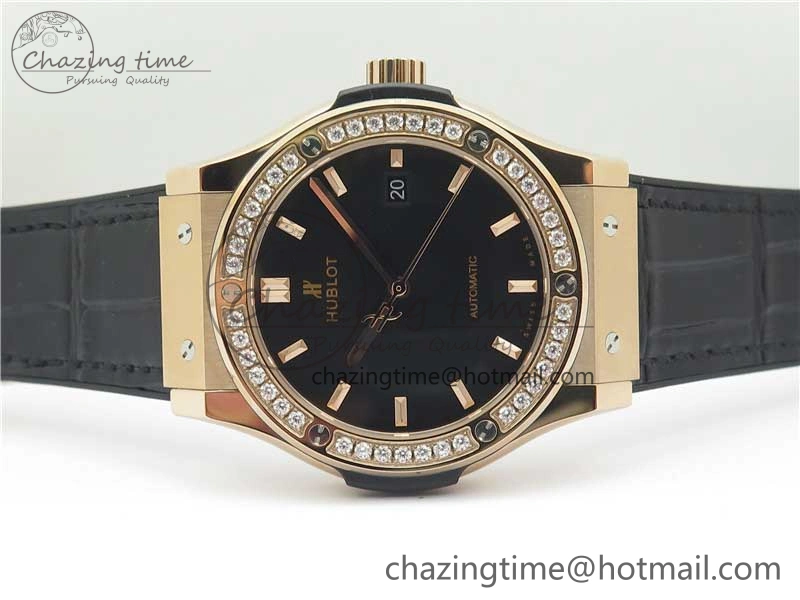 Classic Fusion 42mm RG Paved Diamonds Bezel B50F Black Dial On Gummy Strap A2892