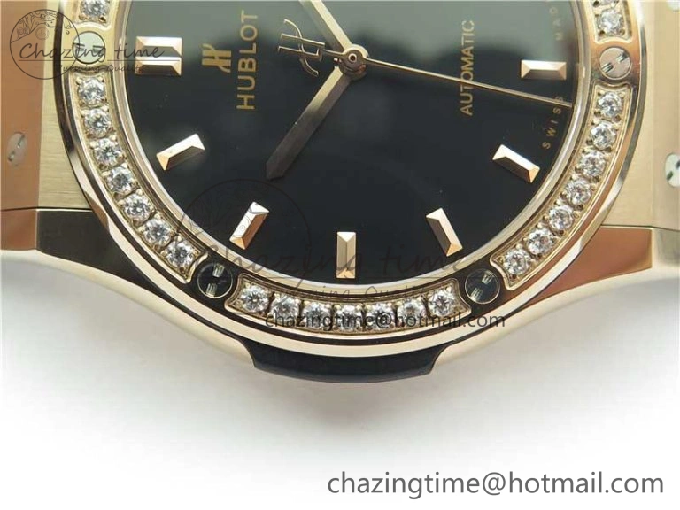 Classic Fusion 42mm RG Paved Diamonds Bezel B50F Black Dial On Gummy Strap A2892