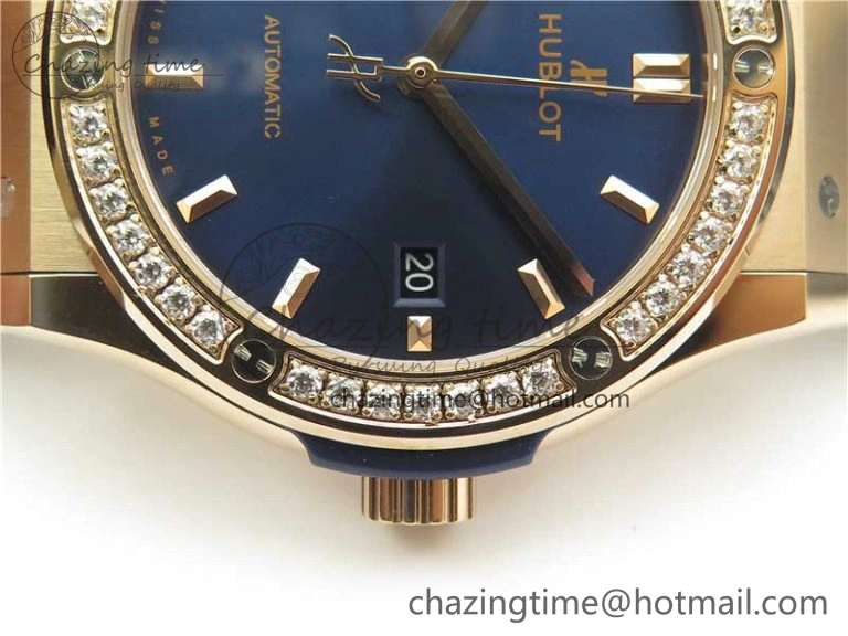Classic Fusion 42mm RG Paved Diamonds Bezel B50F Blue Dial On Gummy Strap A2892