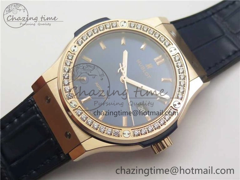 Classic Fusion 42mm RG Paved Diamonds Bezel B50F Blue Dial On Gummy Strap A2892