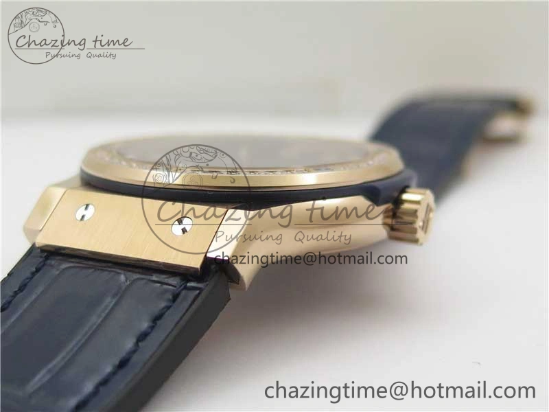 Classic Fusion 42mm RG Paved Diamonds Bezel B50F Blue Dial On Gummy Strap A2892