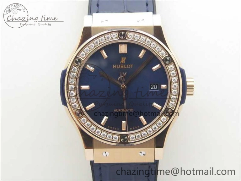 Classic Fusion 42mm RG Paved Diamonds Bezel B50F Blue Dial On Gummy Strap A2892