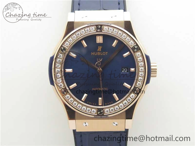 Classic Fusion 42mm RG Paved Diamonds Bezel B50F Blue Dial On Gummy Strap A2892