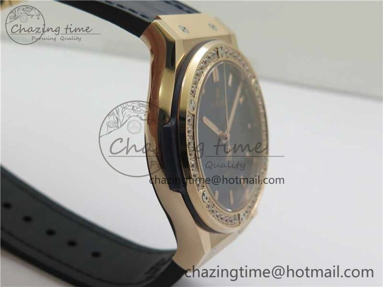 Classic Fusion 42mm RG Paved Diamonds Bezel B50F Blue Dial On Gummy Strap A2892