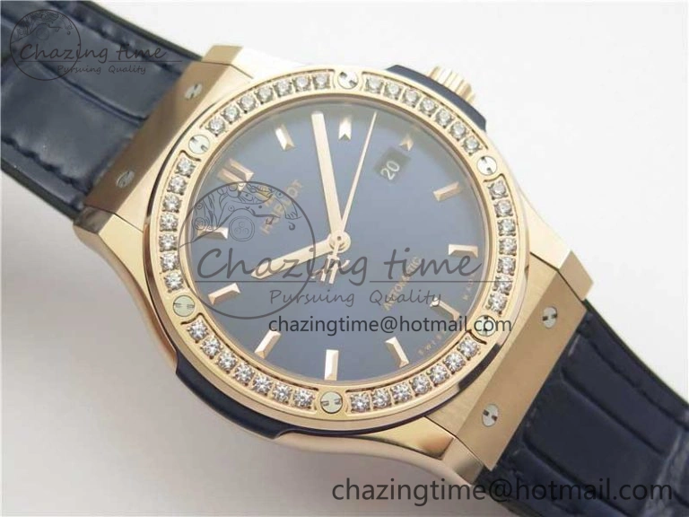 Classic Fusion 42mm RG Paved Diamonds Bezel B50F Blue Dial On Gummy Strap A2892
