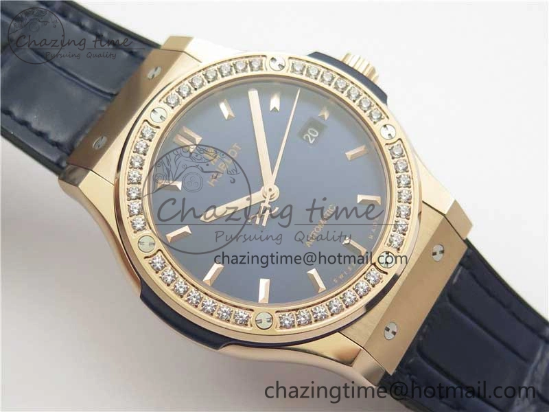 Classic Fusion 42mm RG Paved Diamonds Bezel B50F Blue Dial On Gummy Strap A2892