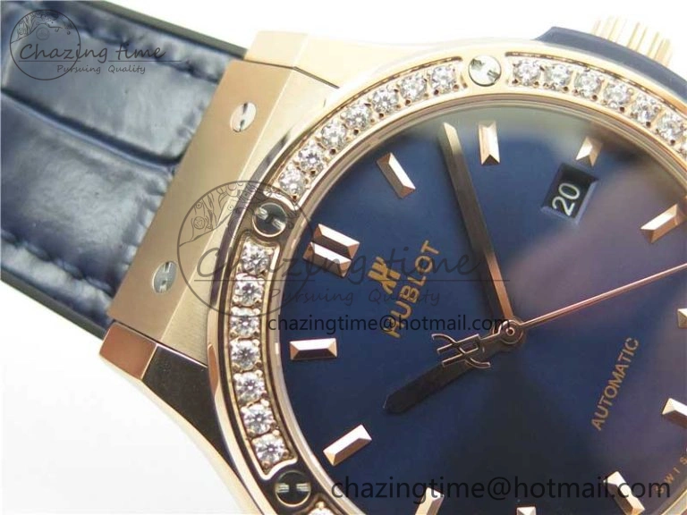 Classic Fusion 42mm RG Paved Diamonds Bezel B50F Blue Dial On Gummy Strap A2892