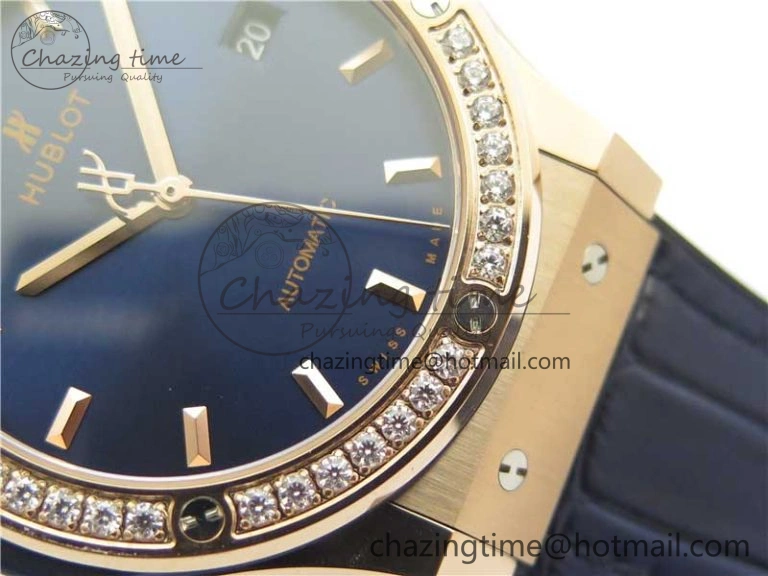 Classic Fusion 42mm RG Paved Diamonds Bezel B50F Blue Dial On Gummy Strap A2892