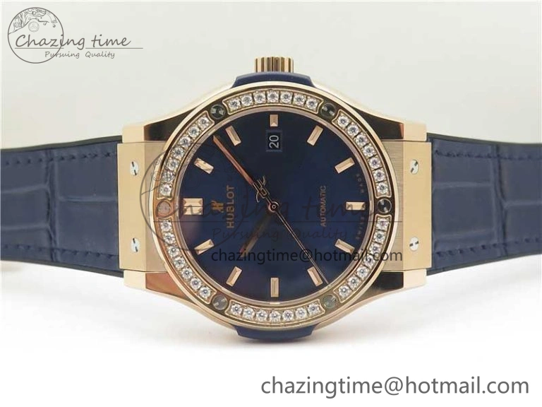 Classic Fusion 42mm RG Paved Diamonds Bezel B50F Blue Dial On Gummy Strap A2892
