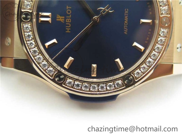 Classic Fusion 42mm RG Paved Diamonds Bezel B50F Blue Dial On Gummy Strap A2892