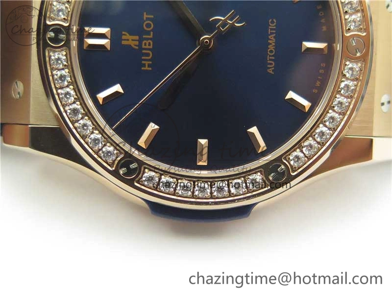 Classic Fusion 42mm RG Paved Diamonds Bezel B50F Blue Dial On Gummy Strap A2892