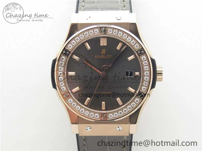 Classic Fusion 42mm RG Paved Diamonds Bezel B50F Gray Dial On Gummy Strap A2892