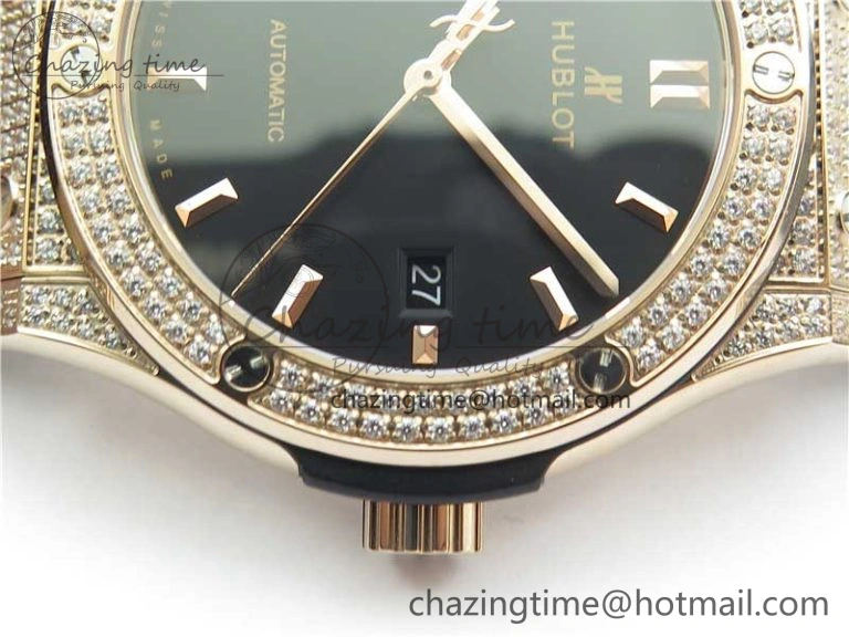 Classic Fusion 42mm RG Paved Diamonds Case Bezel B50F Black Dial On Gummy Strap A2892