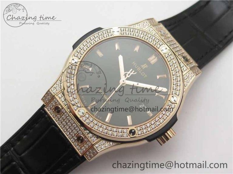 Classic Fusion 42mm RG Paved Diamonds Case Bezel B50F Black Dial On Gummy Strap A2892