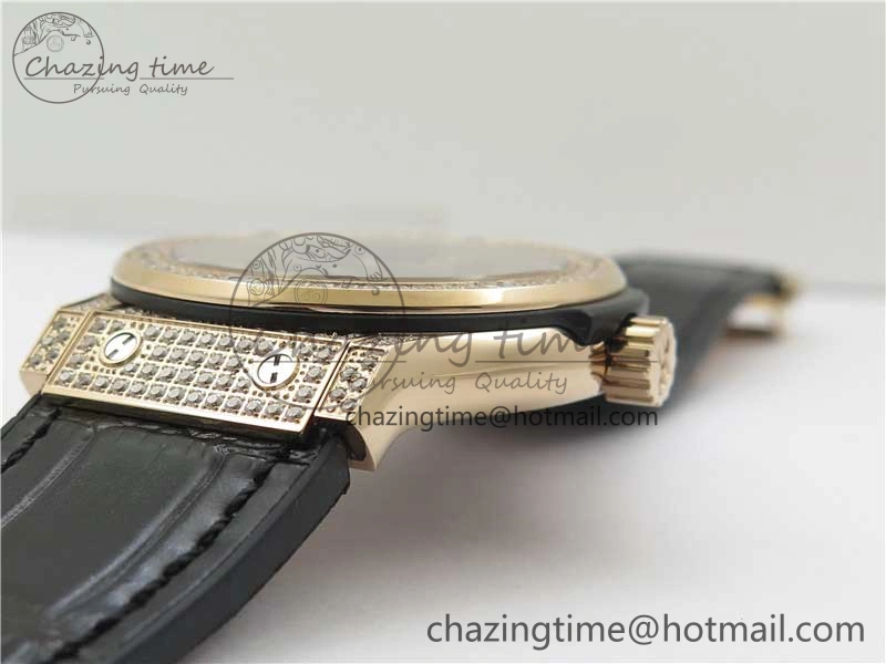 Classic Fusion 42mm RG Paved Diamonds Case Bezel B50F Black Dial On Gummy Strap A2892