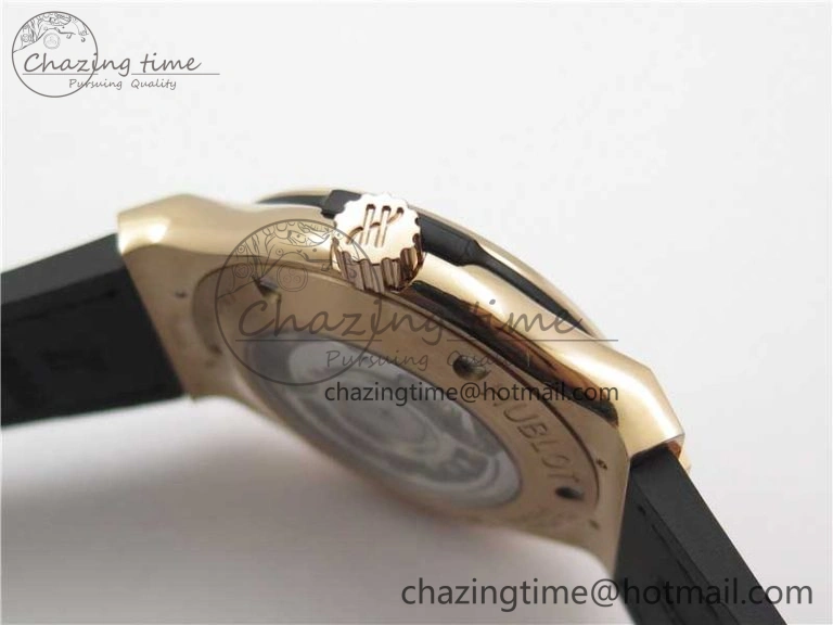 Classic Fusion 42mm RG Paved Diamonds Case Bezel B50F Black Dial On Gummy Strap A2892