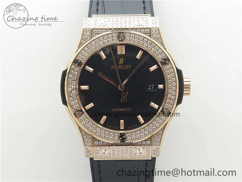 Classic Fusion 42mm RG Paved Diamonds Case Bezel B50F Black Dial On Gummy Strap A2892