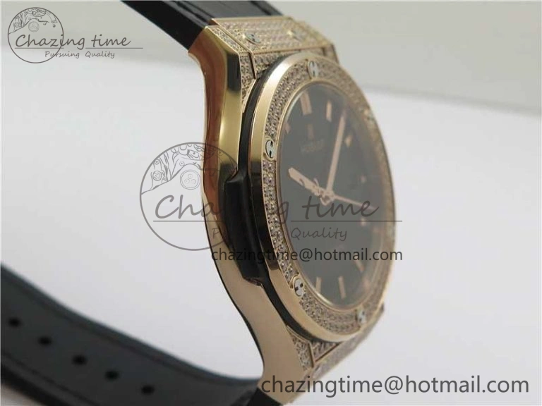 Classic Fusion 42mm RG Paved Diamonds Case Bezel B50F Black Dial On Gummy Strap A2892