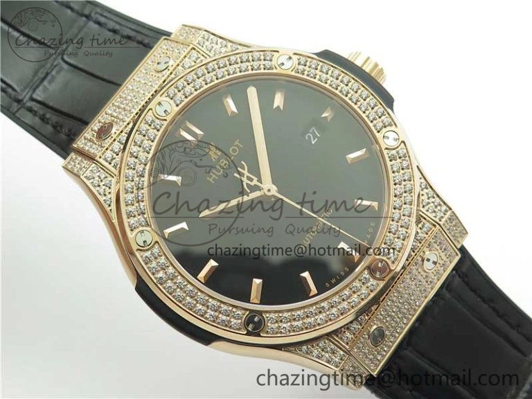 Classic Fusion 42mm RG Paved Diamonds Case Bezel B50F Black Dial On Gummy Strap A2892