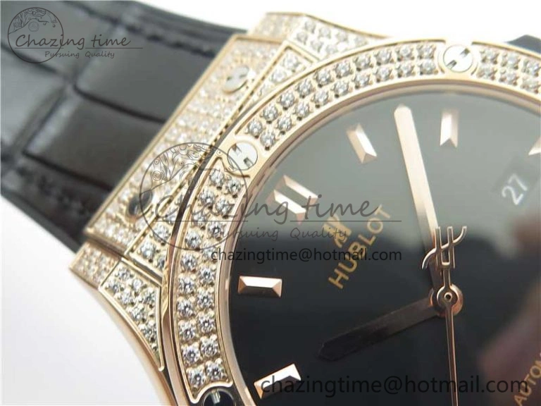 Classic Fusion 42mm RG Paved Diamonds Case Bezel B50F Black Dial On Gummy Strap A2892