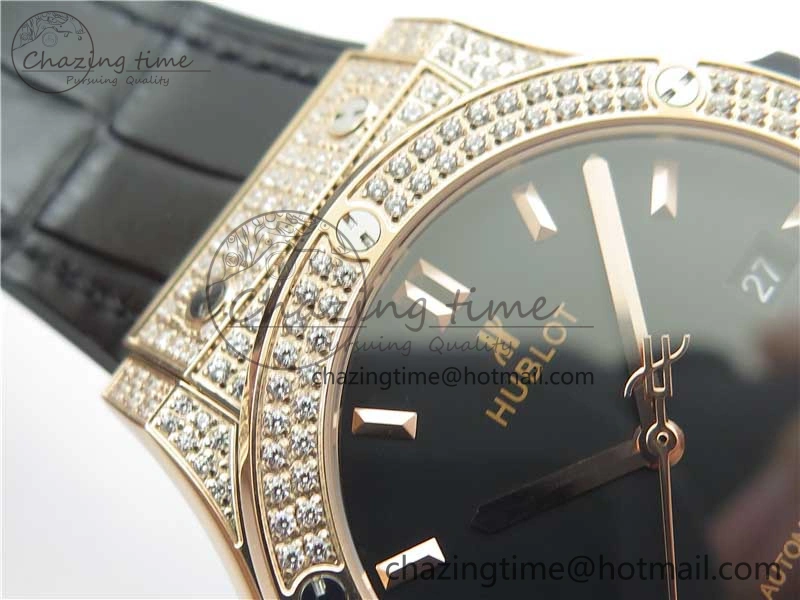 Classic Fusion 42mm RG Paved Diamonds Case Bezel B50F Black Dial On Gummy Strap A2892