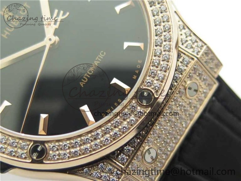 Classic Fusion 42mm RG Paved Diamonds Case Bezel B50F Black Dial On Gummy Strap A2892